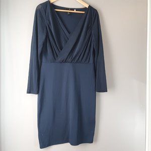 🌞 H&M V-neck, Sheer Sleeve Navy Jersey Dress | M